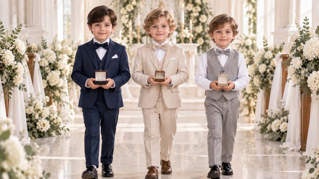 Three boys wearing ring bearer outfits and holding wedding ring boxes