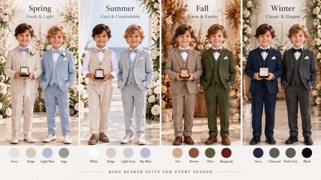 Ring bearer suit colors for spring summer fall and winter weddings