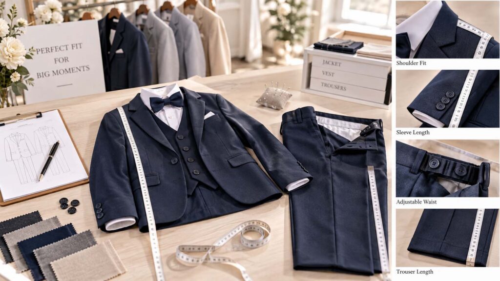 Ring bearer suit fit check showing jacket trousers and adjustable waist measurements