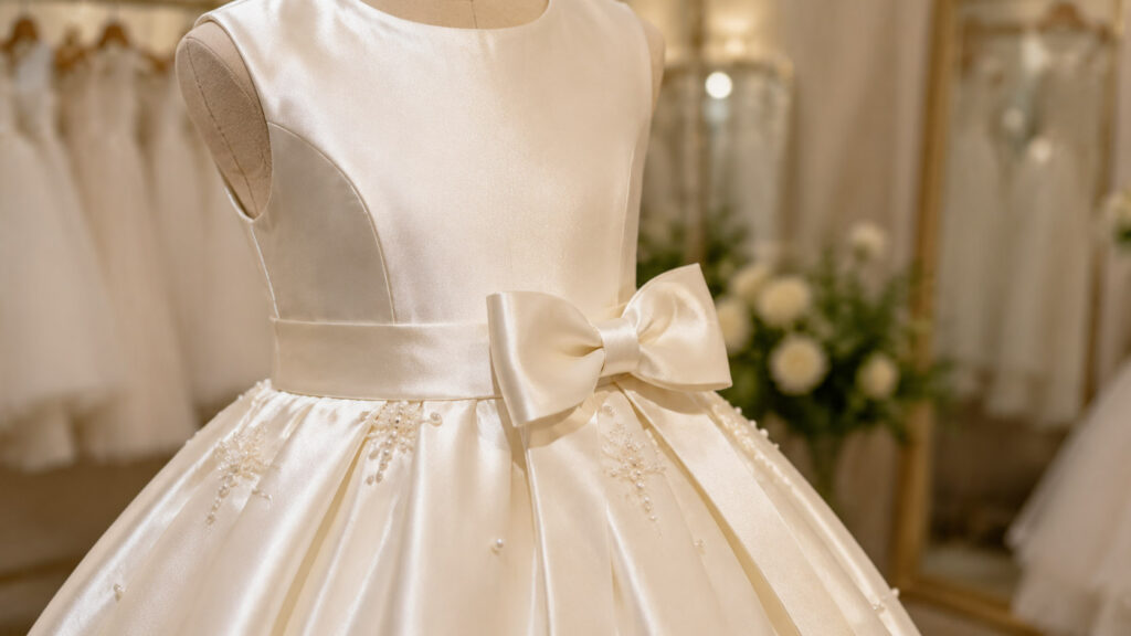 Luxury satin flower girl dress showing smooth fabric and elegant details
