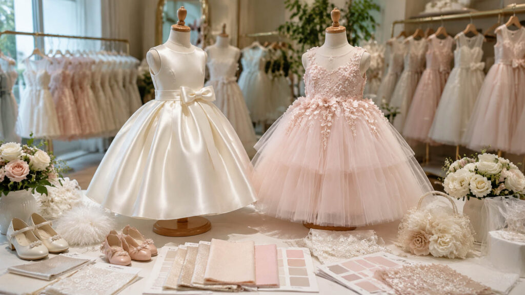 Satin and tulle flower girl dresses comparison in a professional childrenswear showroom