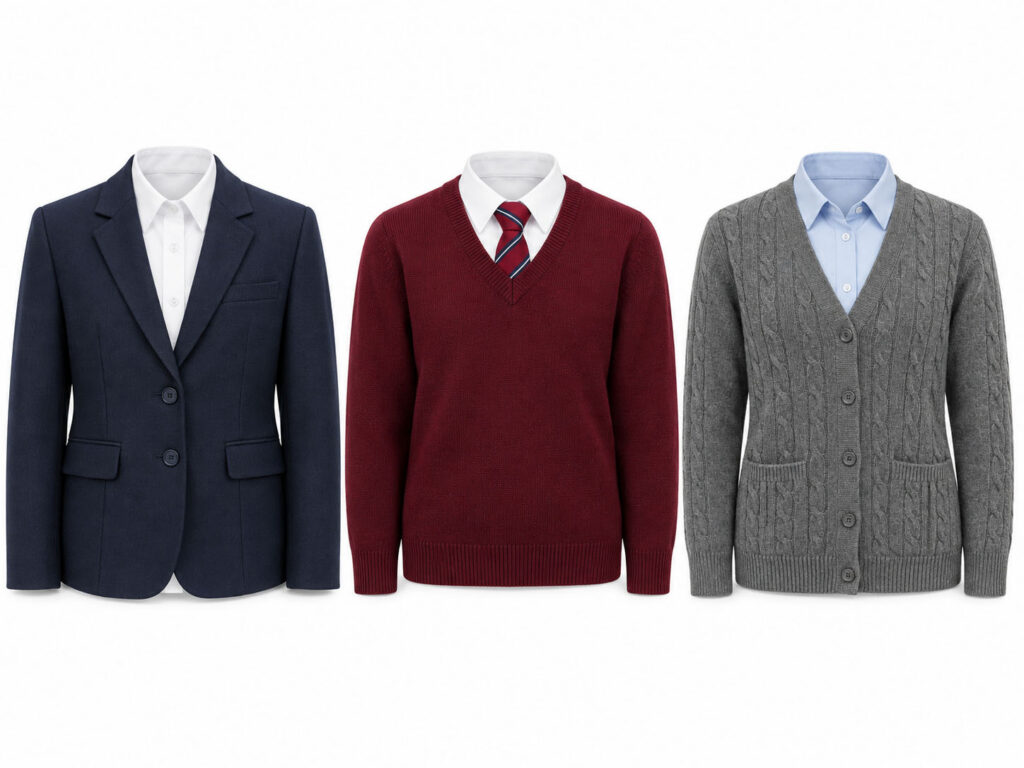 Navy school blazer, burgundy V-neck sweater and grey knitted cardigan