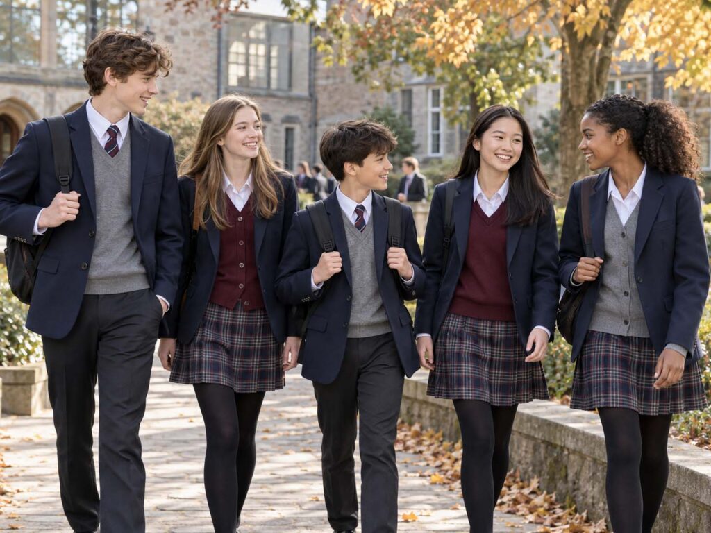 Students wearing school blazers, cardigans and V-neck sweaters on an autumn campus