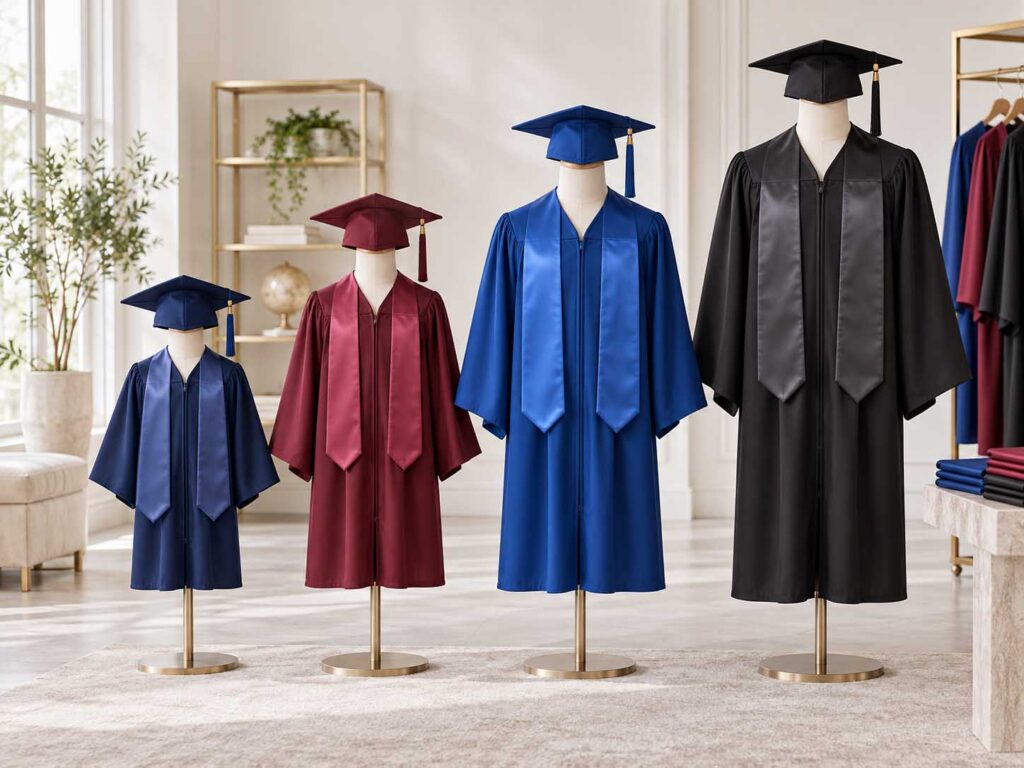 Graduation gowns and matching caps for kindergarten, primary, secondary and university ceremonies.