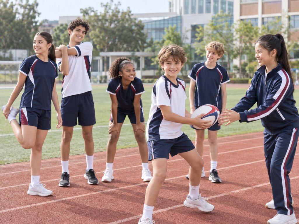 Students wearing coordinated PE uniforms and tracksuits on a school sports field