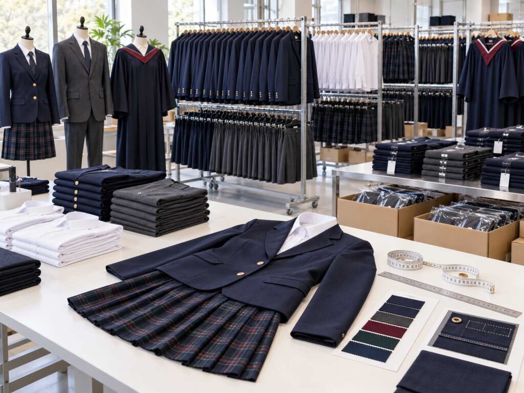 School uniform quality inspection and bulk production with finished garments arranged for wholesale orders.