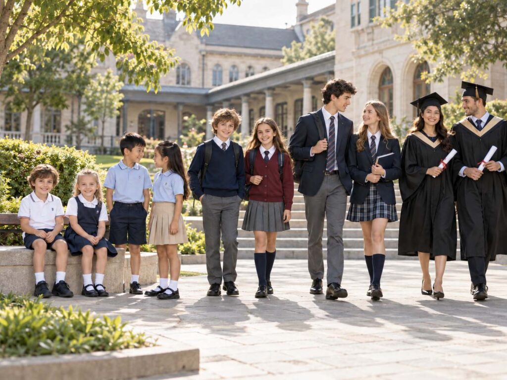 Students of different ages wearing school uniforms and graduation gowns on a school campus.