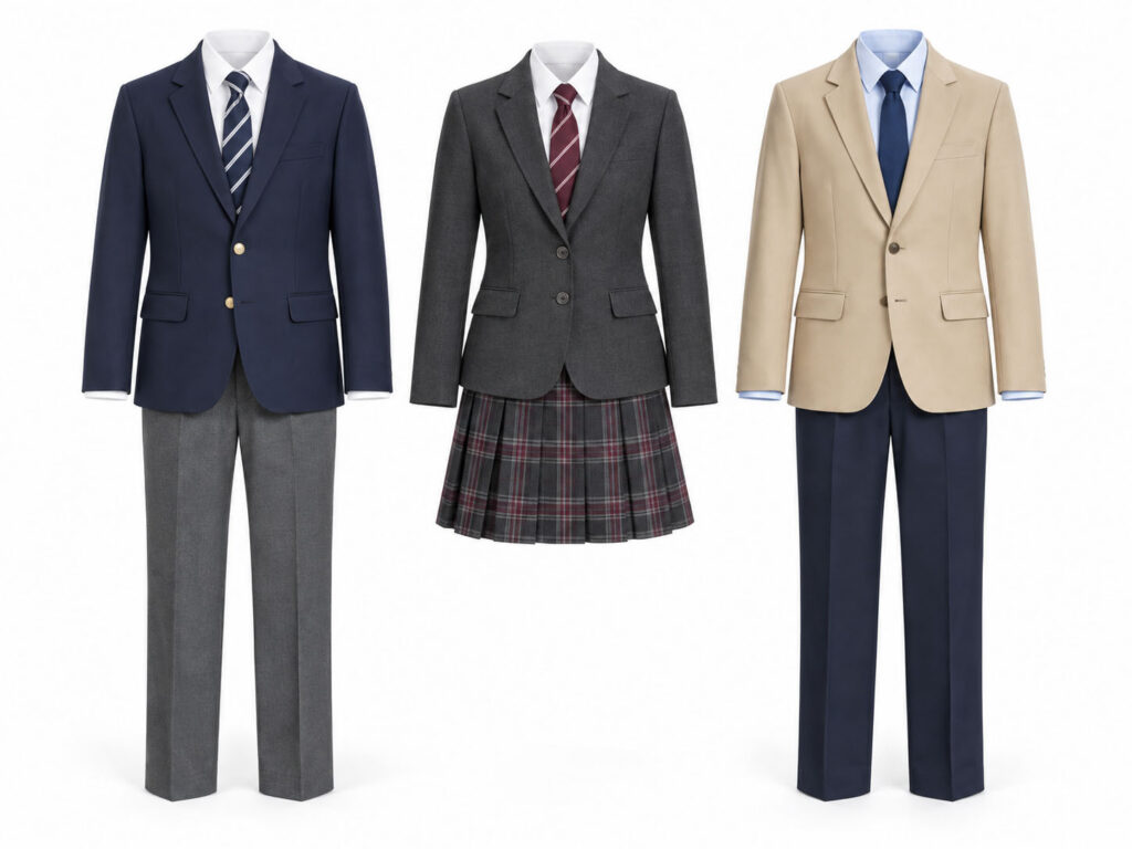 Three formal secondary and high school uniform sets with blazers, trousers and pleated skirt