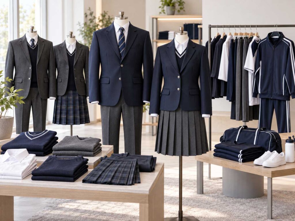 Custom secondary and high school uniforms featuring blazers, shirts, knitwear, skirts, trousers and sportswear.