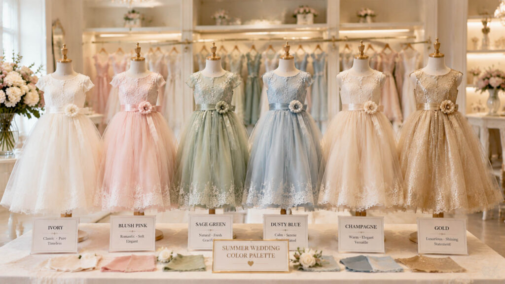 Popular summer wedding flower girl dress colors including ivory blush and sage green