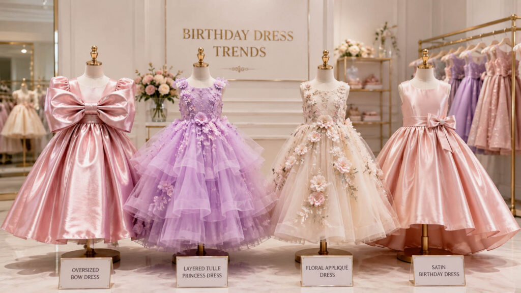 Popular girls birthday dress trends for 2026, including oversized bow dresses, layered tulle princess dresses, floral appliqué dresses, and satin birthday dresses in soft pastel colors.