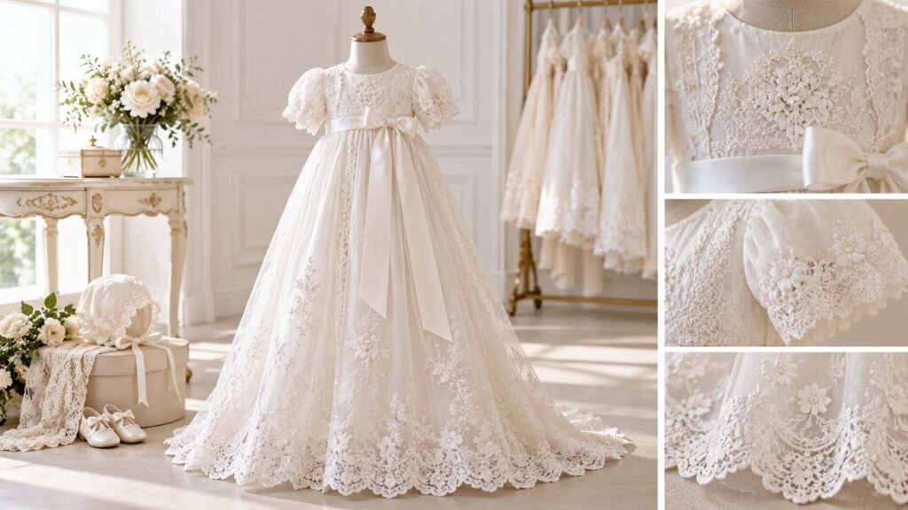 Traditional white christening gown with a long silhouette, lace and delicate embroidery details