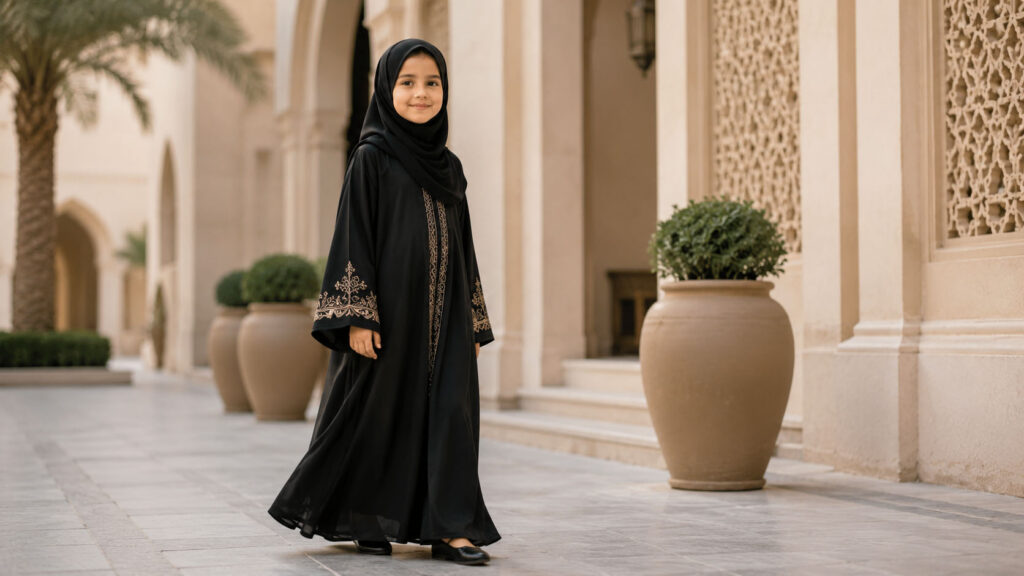 young girl wearing traditional abaya for modest daily wear in Middle Eastern markets