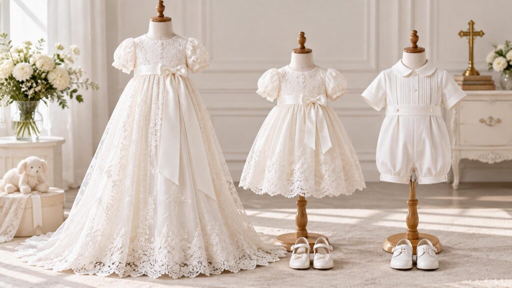 Traditional long christening gown beside a shorter baptism dress and modern christening outfit