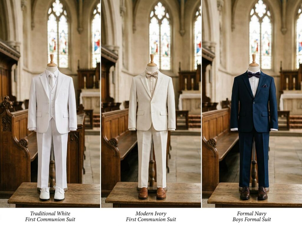 Traditional white and modern boys First Communion outfits comparison