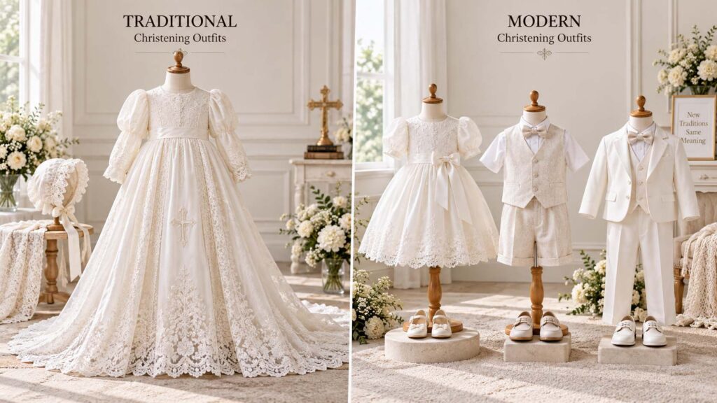 Traditional long christening gown compared with modern baptism dresses and christening outfits