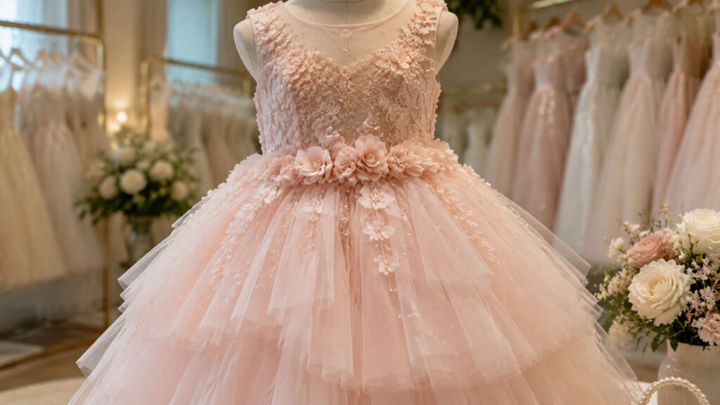 Layered tulle flower girl dress with soft volume and romantic design