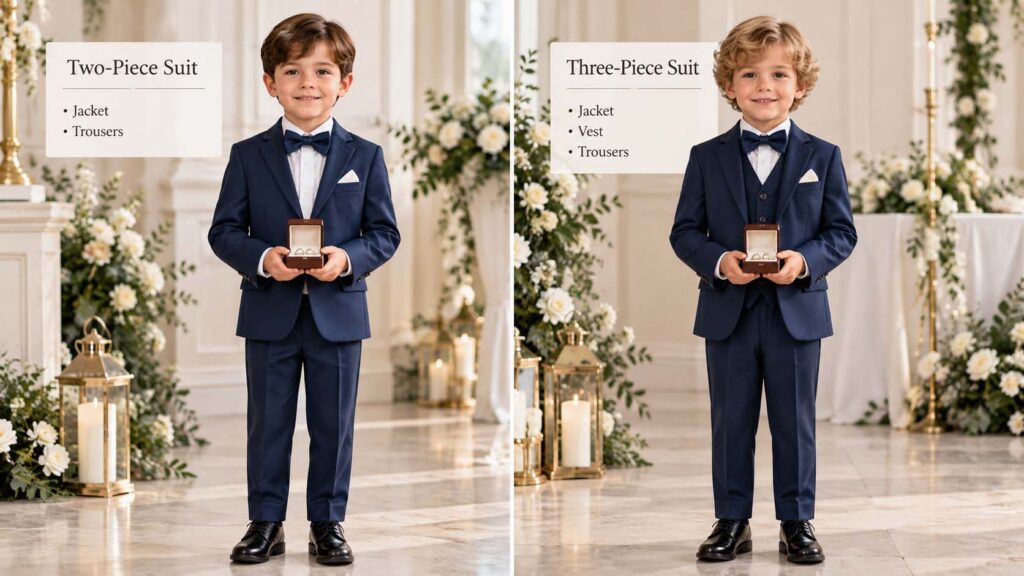 Two-piece and three-piece ring bearer suits for boys compared side by side