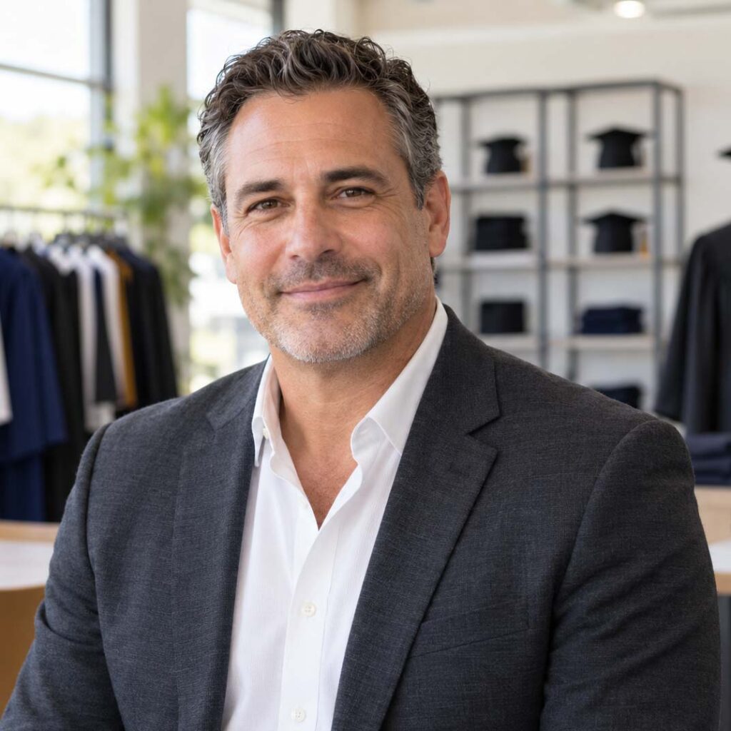 American graduation apparel buyer in a professional graduation wear showroom.