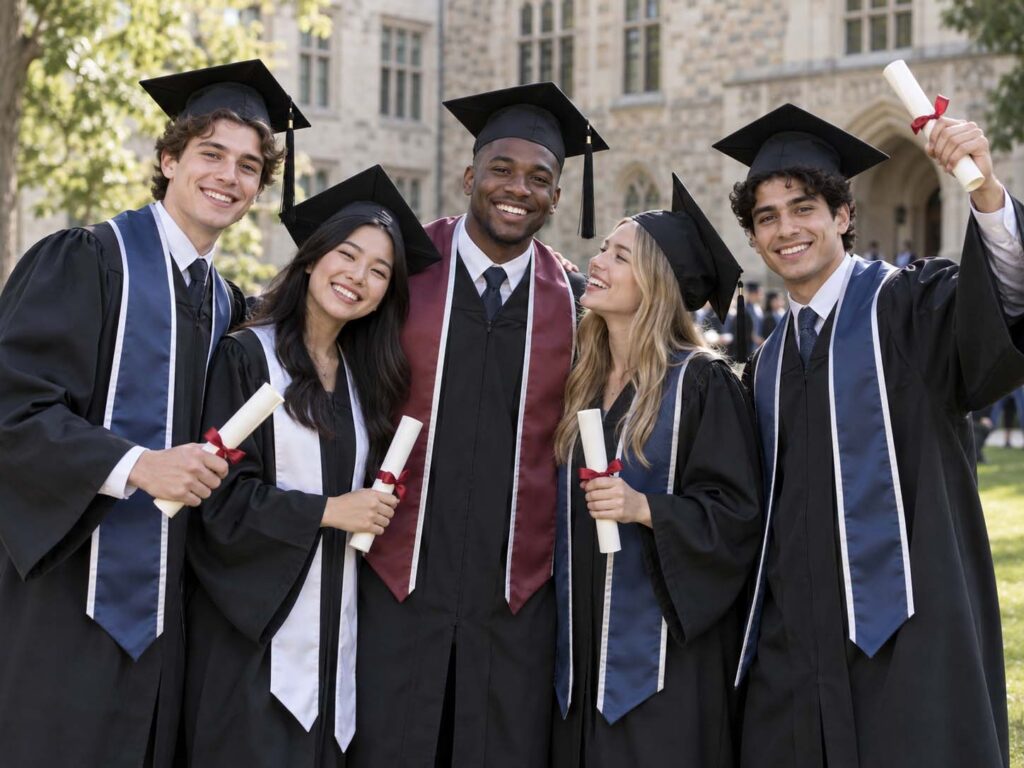 University graduates wearing black gowns, mortarboard caps and academic stoles on campus
