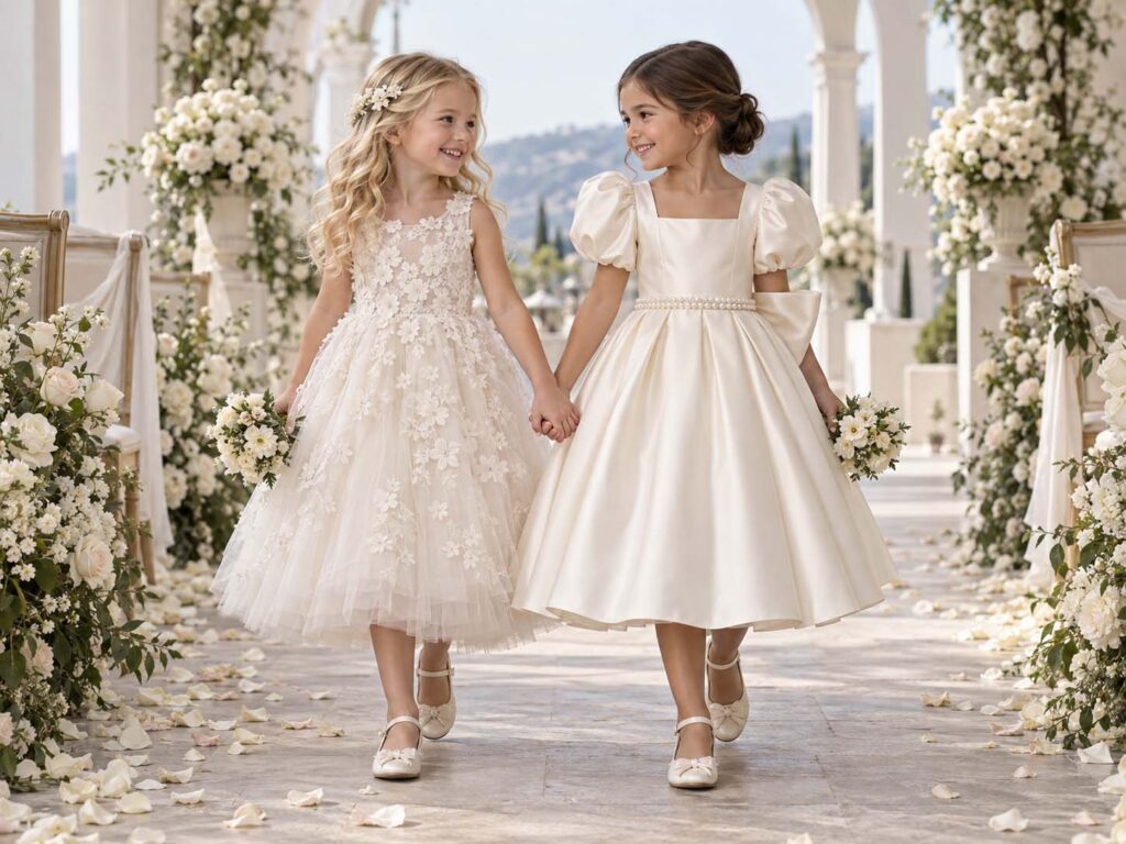 Elegant flower girl dresses for weddings and bridal celebrations.