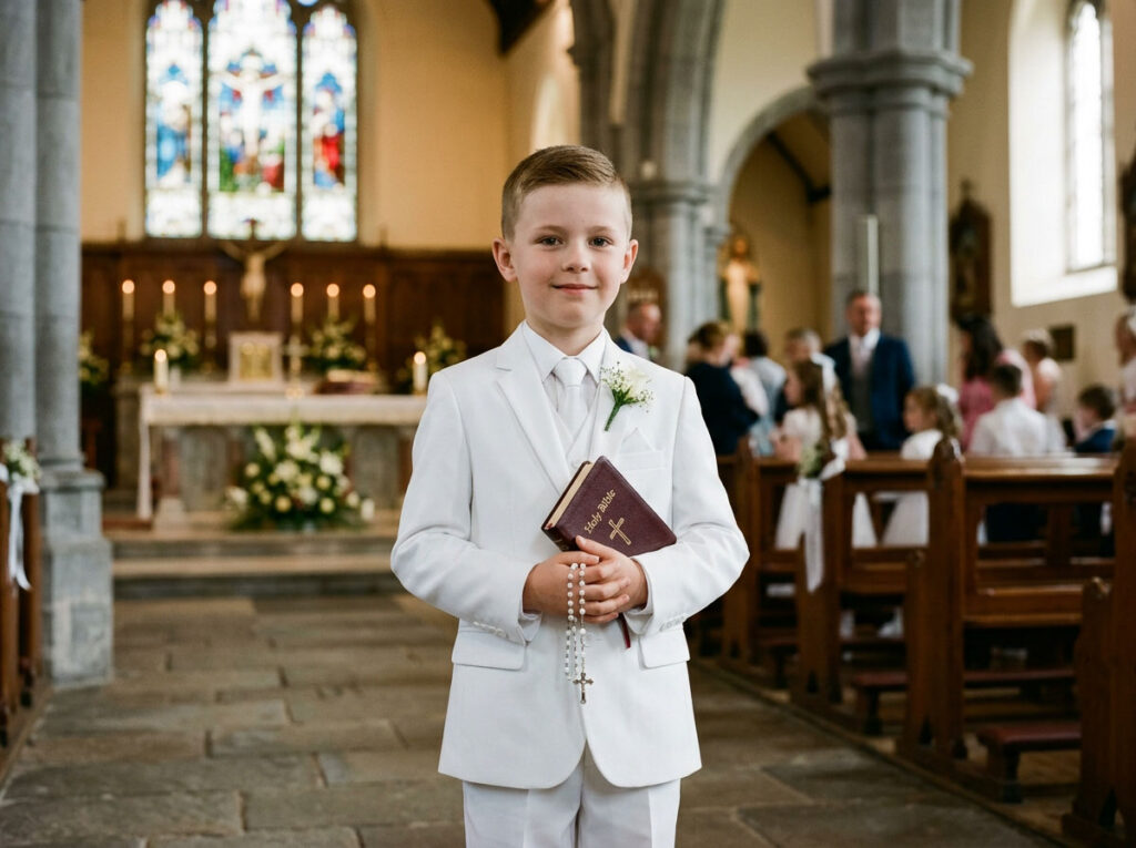 Boy wearing white First Communion suit holding Bible and rosary in church