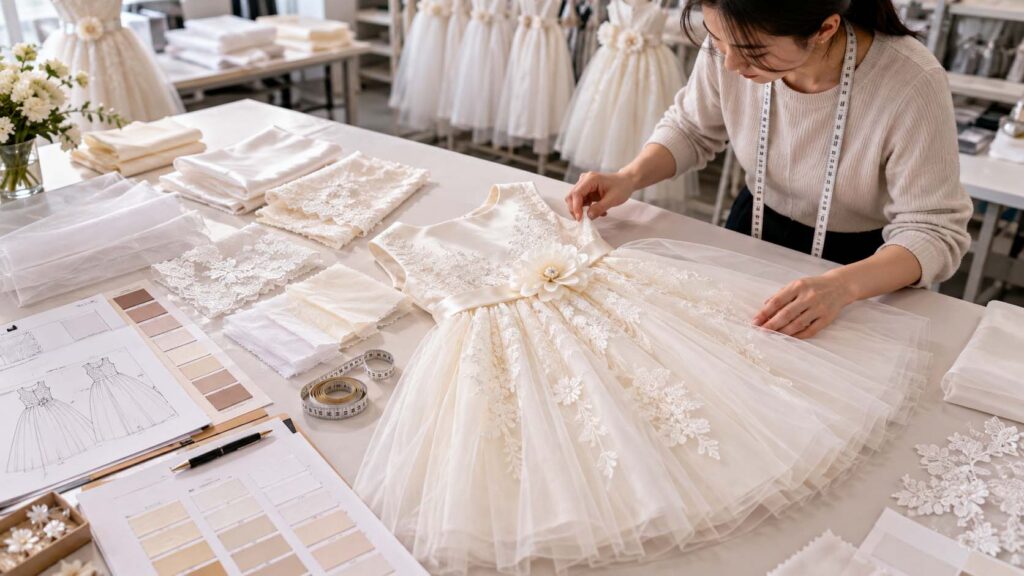 White flower girl dress sample being checked for fabric and color before bulk production