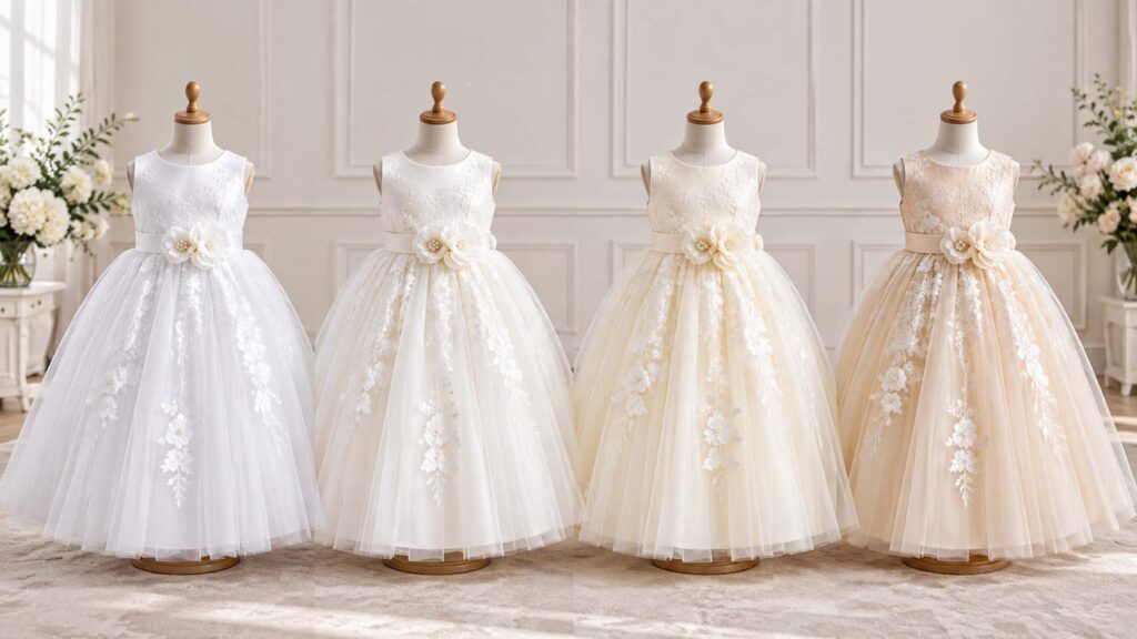White, off-white, ivory and champagne flower girl dresses showing color differences