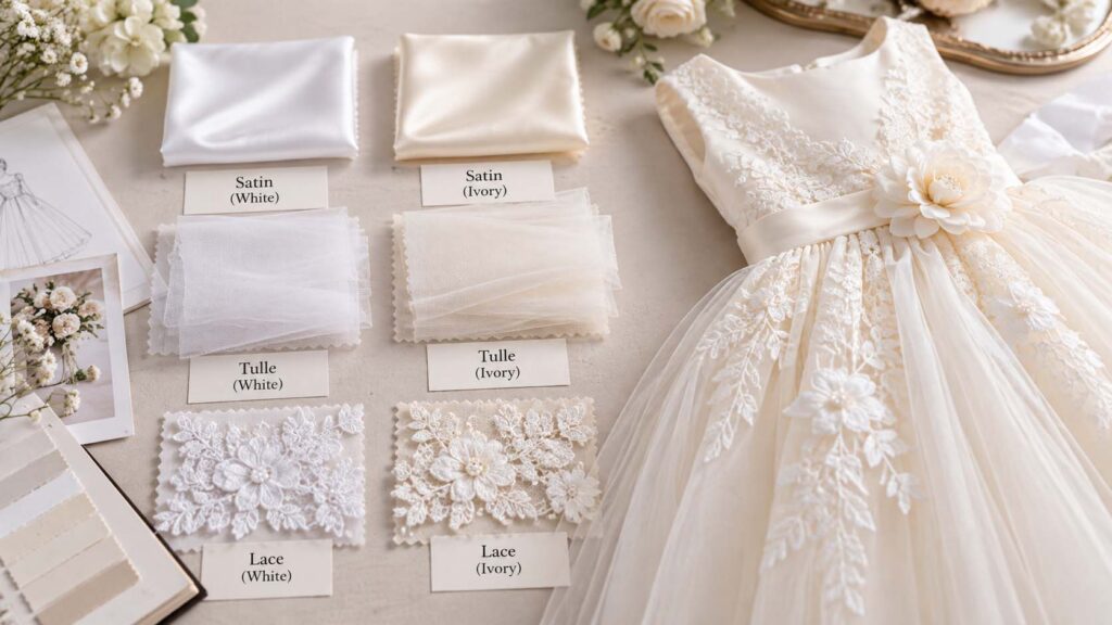 White and ivory flower girl dress fabrics in satin, tulle and lace