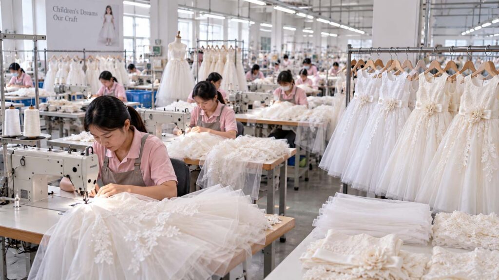 White and ivory flower girl dresses in production at a children's clothing factory