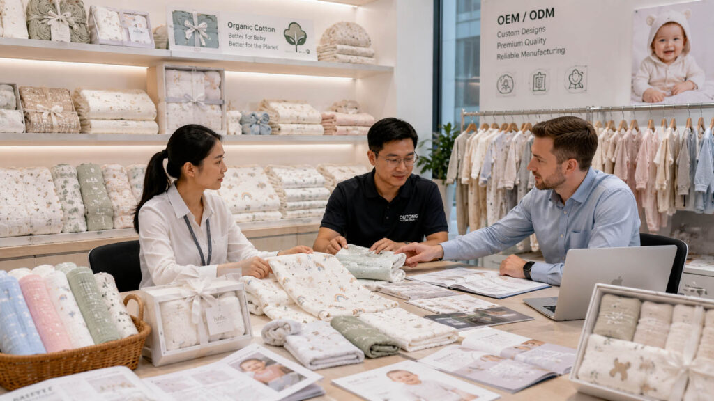 Wholesale buyer reviewing baby blankets and baby gift sets with manufacturer