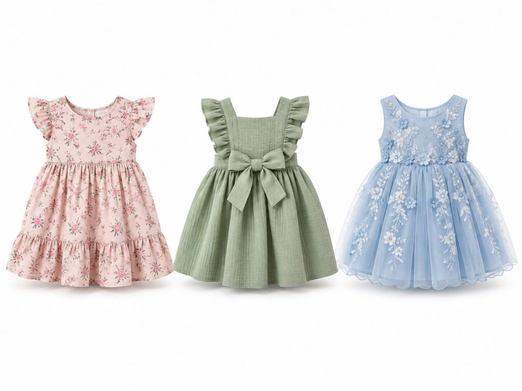 Three baby girl dresses in floral, bow and embroidered styles