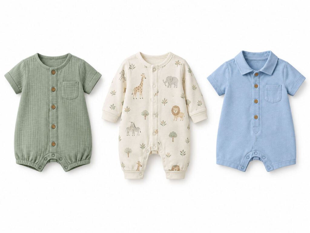 Three cotton baby rompers in sage, cream and blue