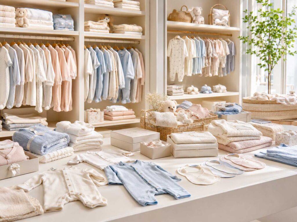 Baby rompers, clothing sets, sleepwear, blankets, bibs and newborn gift sets arranged in a premium showroom.