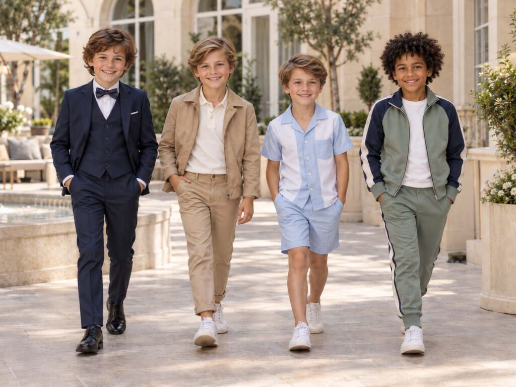 Boys modeling suits, casual sets, shorts and tracksuits for wholesale clothing collections