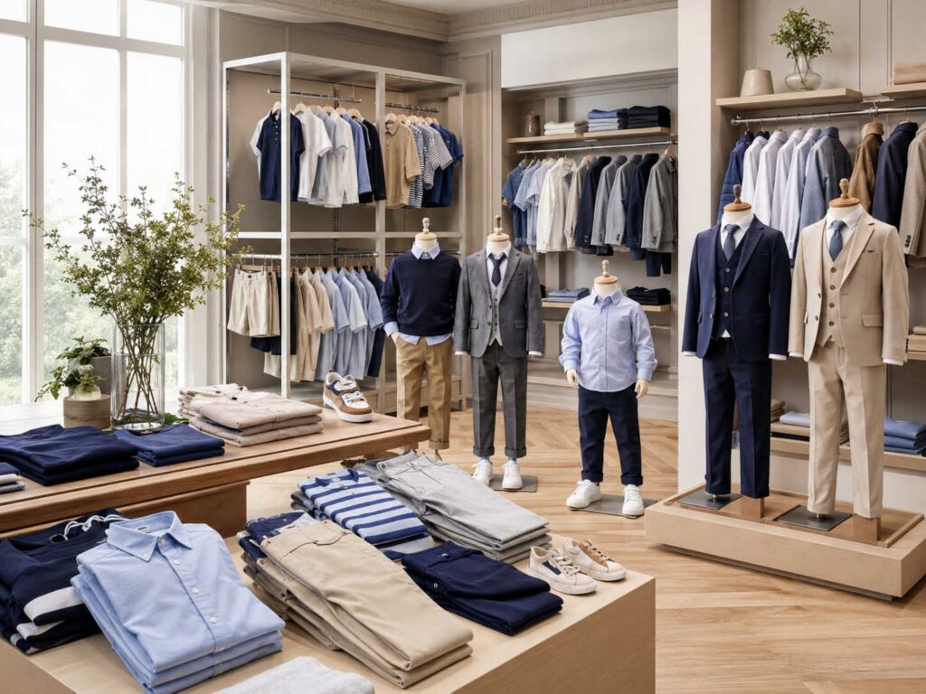 Wholesale collection of boys’ shirts, casual sets, trousers and formal suits displayed in a modern showroom.