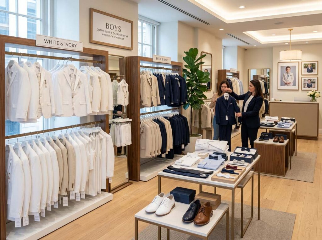 Wholesale boys First Communion suits displayed in showroom