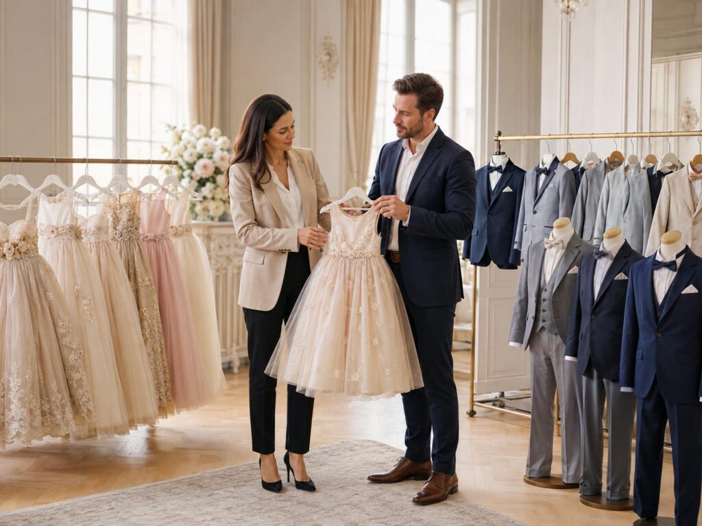 Weddingwear buyer selecting wholesale flower girl dresses and boys’ suits in a professional children’s formalwear showroom.