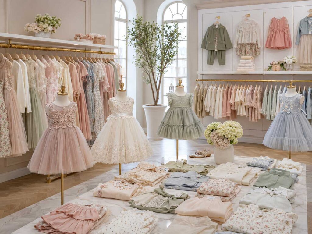 Wholesale collection of girls’ dresses, casualwear and coordinated outfits displayed in a premium kidswear showroom.