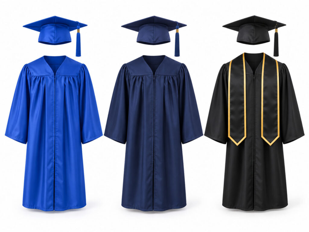 Blue, navy and black graduation gowns with matching caps and tassels