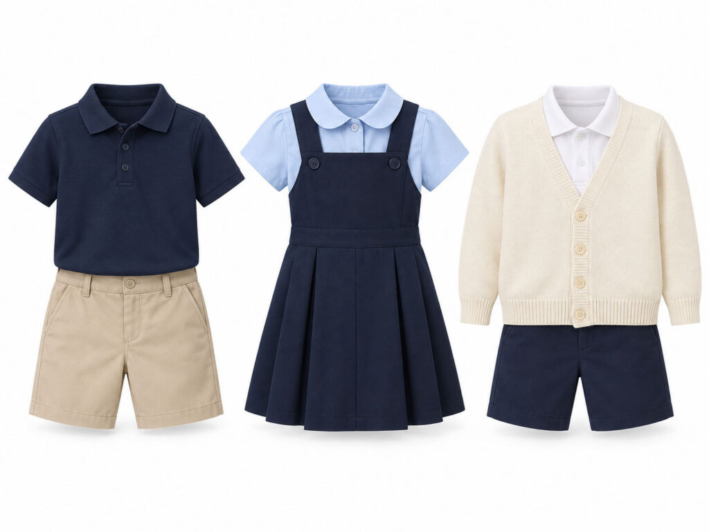 Three kindergarten uniform sets with polo shirts, shorts, pinafore dress and cardigan