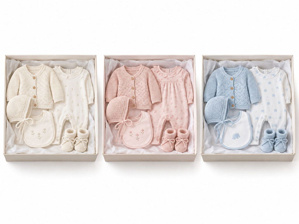 Three coordinated newborn clothing gift sets in neutral pastel colors