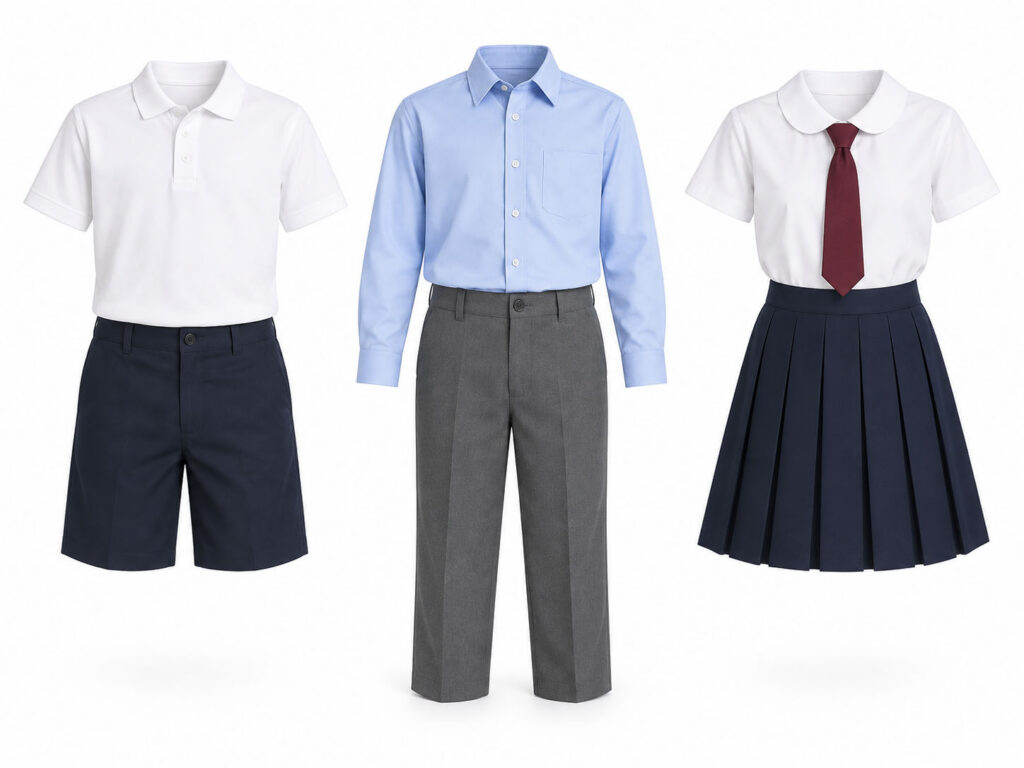 Three primary school uniforms with polo shirt, trousers, pleated skirt and tie