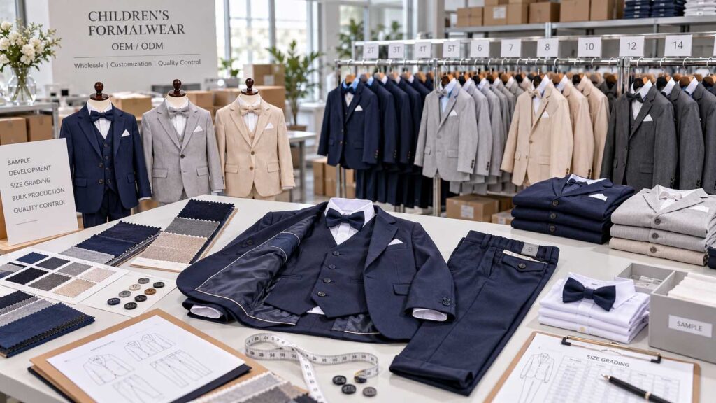 Wholesale ring bearer suits with size grading and quality control inspection
