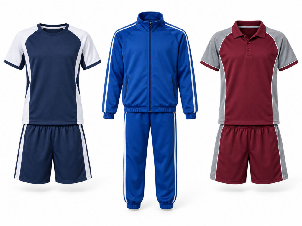 Three school sports uniforms including short sets and a full tracksuit