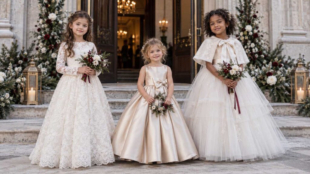 Winter flower girl gown styles in lace, satin and tulle for formal weddings