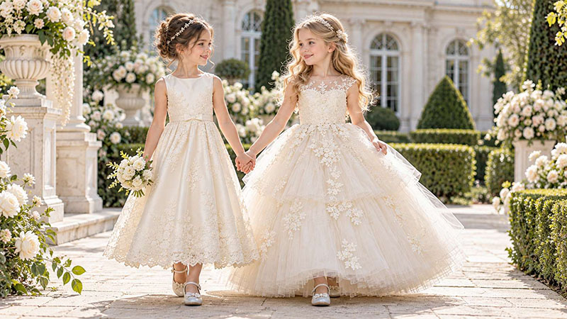 Two flower girls wearing A-line and ball gown dresses at an elegant garden wedding.