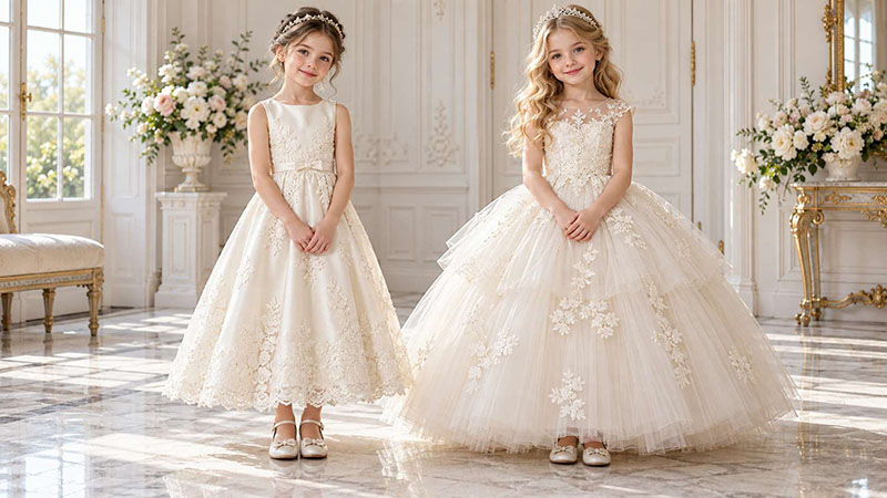 Two girls wearing ivory A-line and ball gown dresses showing different skirt silhouettes.