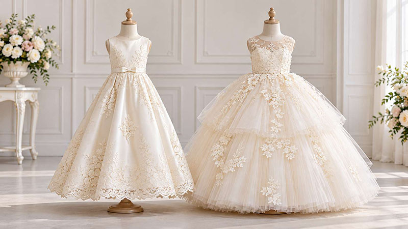 Comparison of an A-line girls' dress and a fuller ball gown on child-sized dress forms.