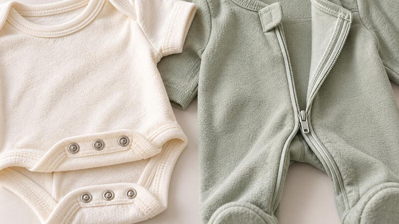 Close-up of bodysuit crotch snaps and a baby sleeper zipper with a protective neckline tab